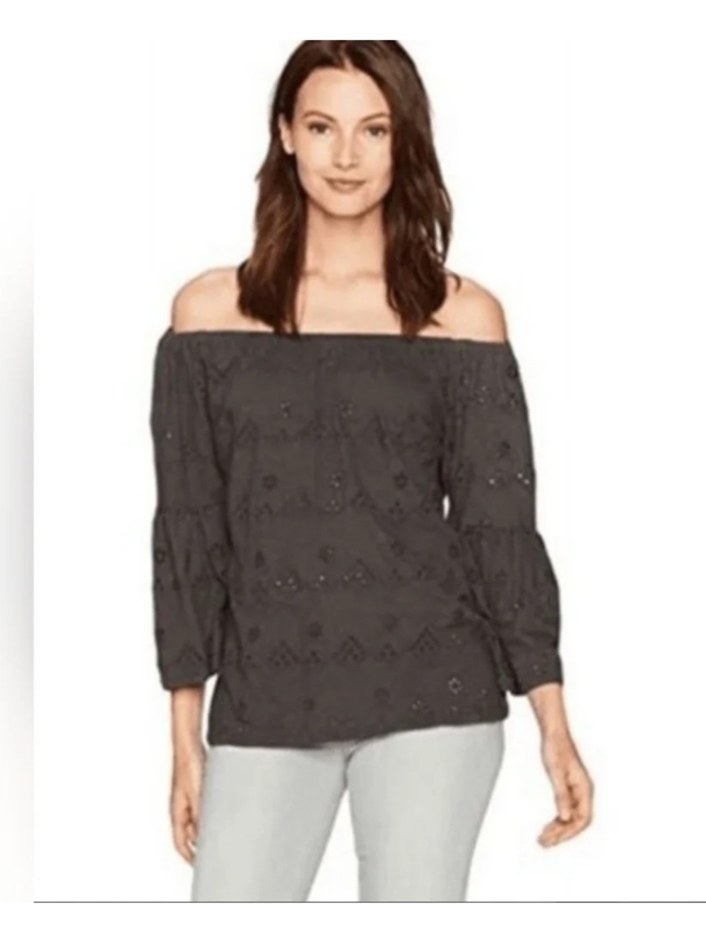 *Lucky Brand Charcoal Gray Women’s XS Boho Eyelet Off-Shoulder Top Blouse #IR